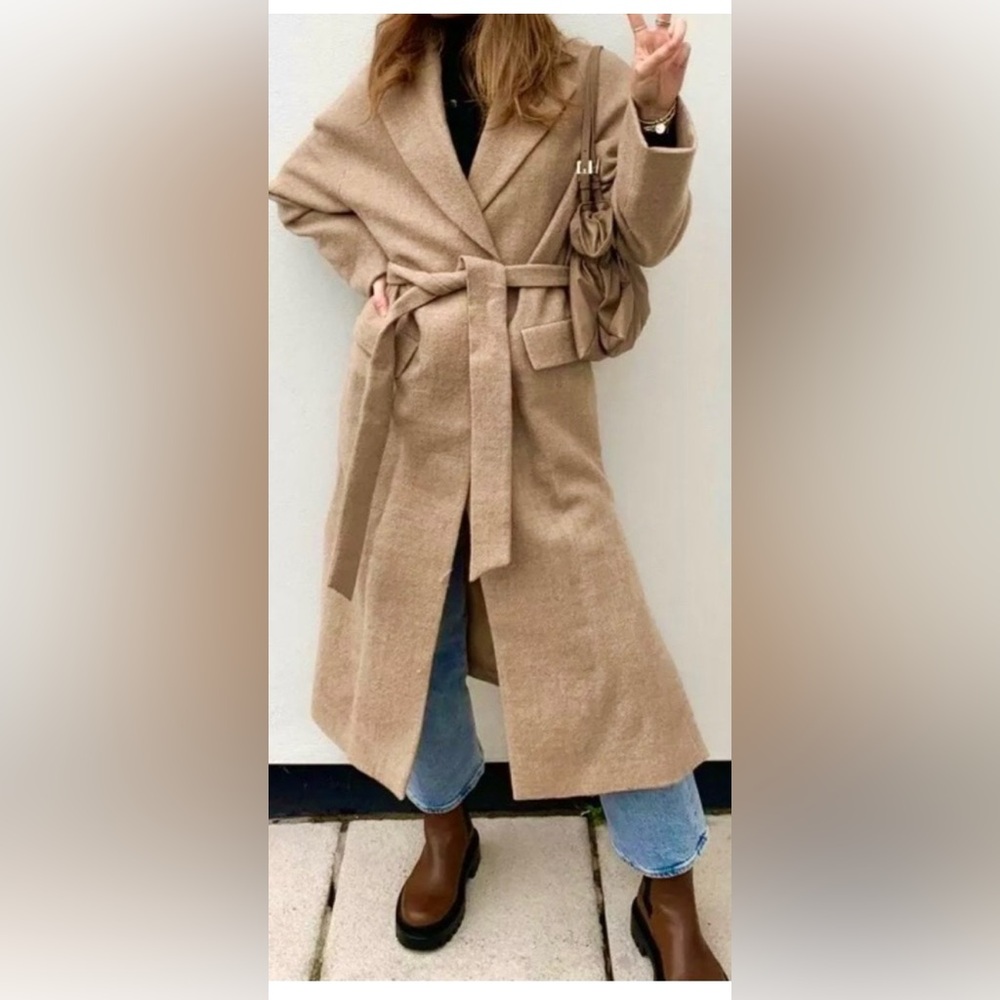 Zara wool belted coat tan š„blogger style aritzia maxmara nanushka - Picture 6 of 16